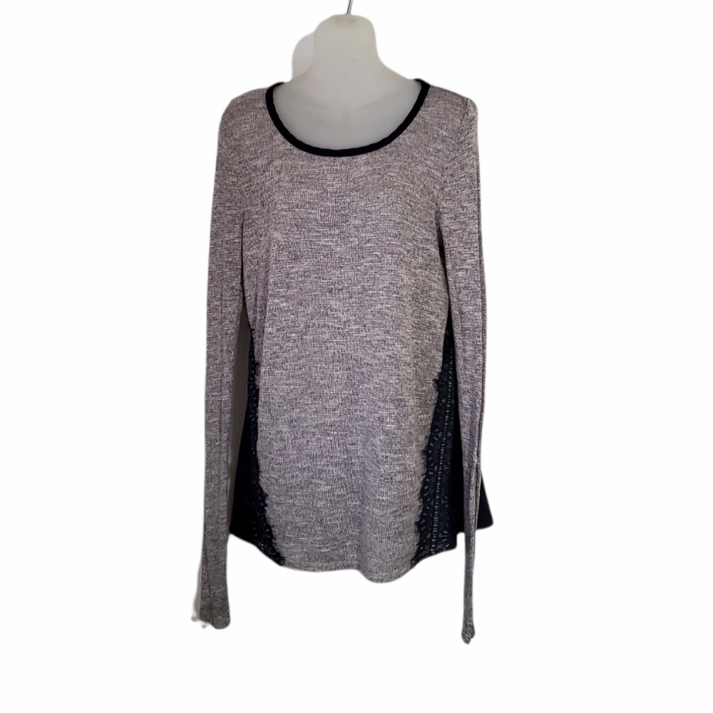 Three Pink Hearts Basic Gray Top With Sexy Blue Lace Long Sleeve Stretch Large